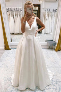 Ivory A-Line Deep V-Neck Long Wedding Dress with Bowknot VK23090105
