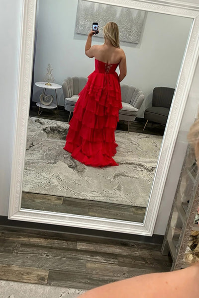 Classic Ball Gown Strapless Black Chiffon Ruffle Tiered Prom Dresses with Slit VK26010706