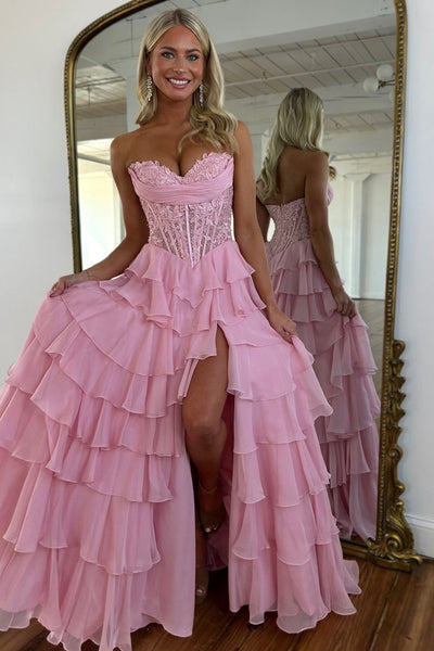 Cute A Line Sweetheart Dusty Pink Chiffon Tiered Prom Dress VK26031805