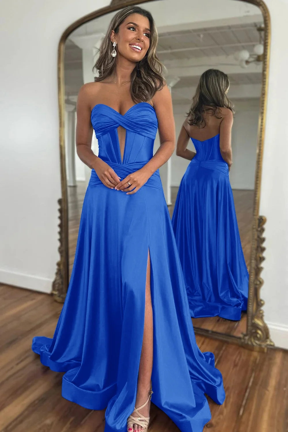 Royal Blue Sweetheart Satin Long Prom Dresses with Slit VK24031506