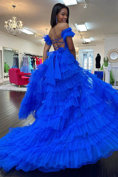 Royal Blue Off the Shoulder Ruffle Tiered Tulle Long Prom Dresses with Slit VK24013103