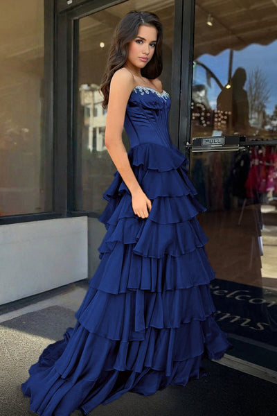 Charming A-Line Strapless Green Chiffon Tiered Long Prom Dresses with Slit VK26010602
