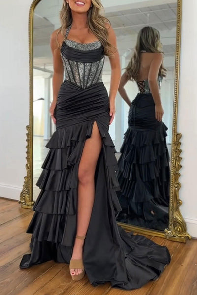Black Mermaid Halter Satin Tiered Corset Beaded Prom Dress with Slit VK26011601