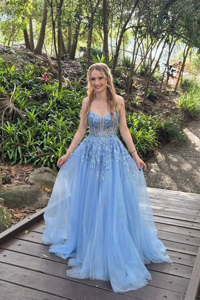 Cute A Line Sweetheart Tulle Long Prom Dresses with Appliques VK24112213