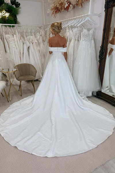 Gorgeous Ball Gown Off the Shoulder Satin Long Wedding Dress with Slit VK25060801
