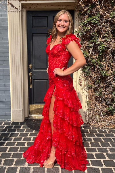 Cute A-Line Sweetheart Red Sparkle Lace Long Prom Dress with Slit VK23090205