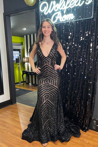 Sparkly Mermaid V Neck Sequins Prom Dresses VK24031402