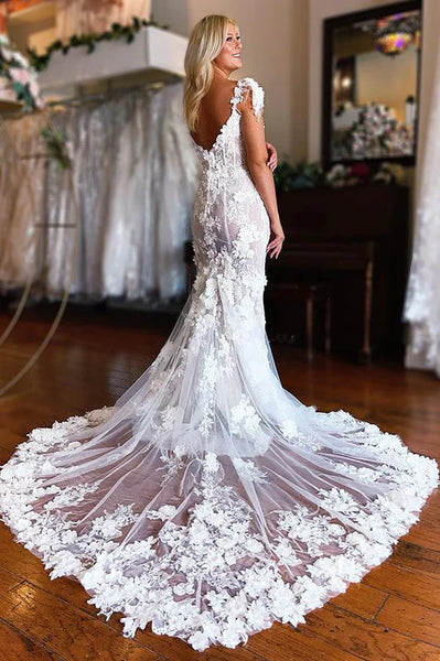 Charming Mermaid Sweetheart White Wedding Dresses with Flower Appliques VK23090901