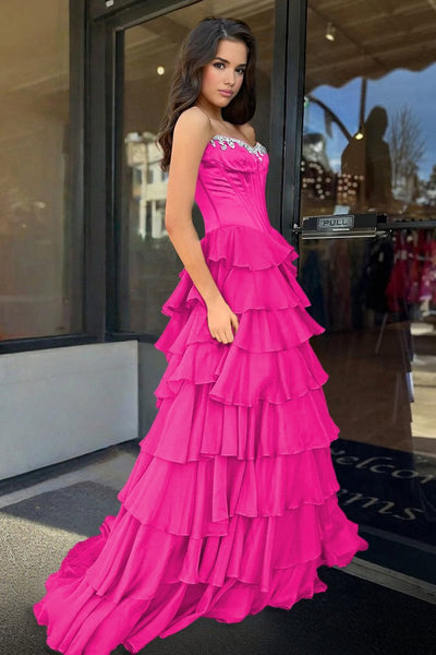 Charming A-Line Strapless Green Chiffon Tiered Long Prom Dresses with Slit VK26010602