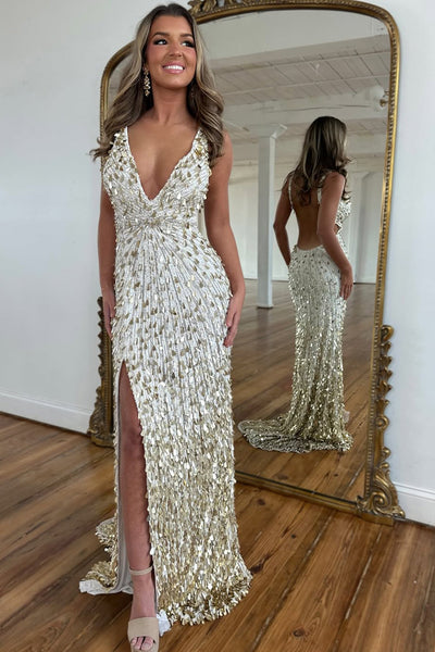 Glamorous Mermaid V Neck White Sequins Prom Dress with Beading VK161910