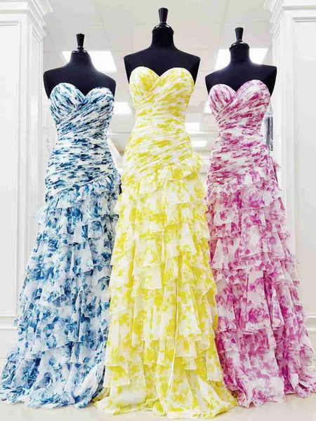 Cute Mermaid Sweetheart Floral Chiffon Tiered Prom Dress with Slit VK25012503