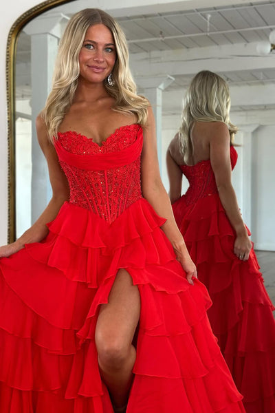 A-Line Sweetheart Red Ruffle Tiered Chiffon Long Prom Dresses with Side Split VK25101705