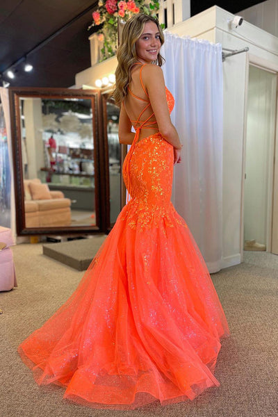 Orange V Neck Tulle Mermaid Long Prom Dresses with Appliques VK24011802