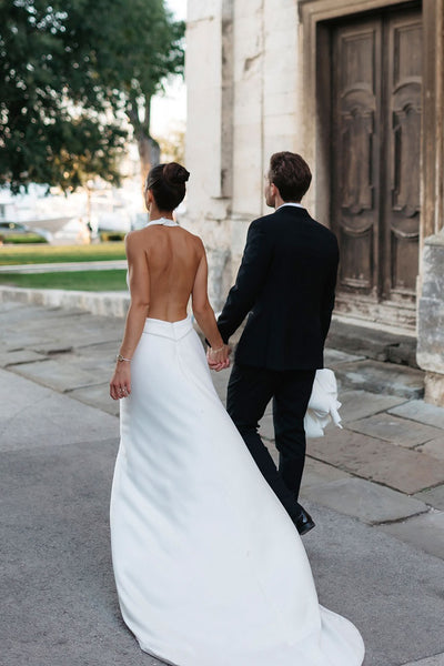 Charming Mermaid V Neck Halter Neck Satin Wedding Dress VK25060905