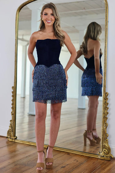 Unqiue Strapless Navy Short Homecoming Dress with Beading VK26062810