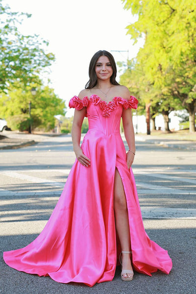 Cute Off the Shoulder Pink Satin Slit Long Prom Dresses with Ruffled Neck