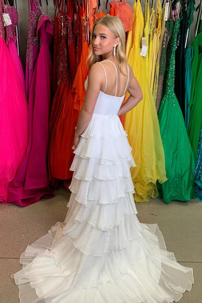 Cute V Neck White Chiffon Tiered Long Prom Dresses with Slit