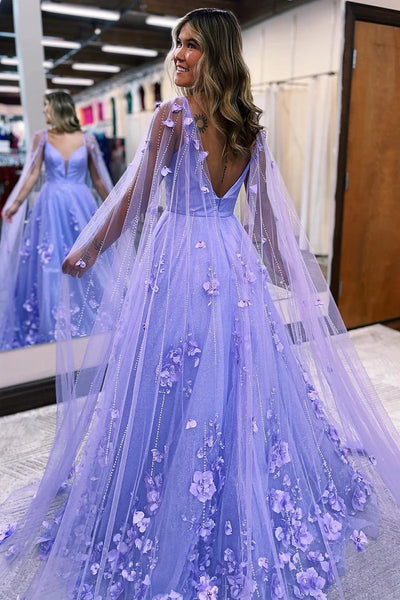 A-Line Lavender 3D Floral Lace Long Prom Dresses with Train VK23103104