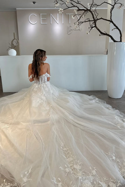 Fairy A Line Off the Shoulder Tulle Wedding Dresses with Appliques VK1312801