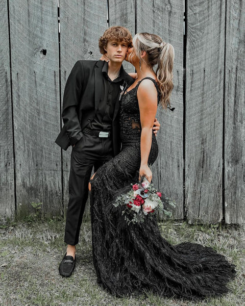 Charming Mermaid V Neck Black Sequins Long Prom Dresses with Slit VK23052004
