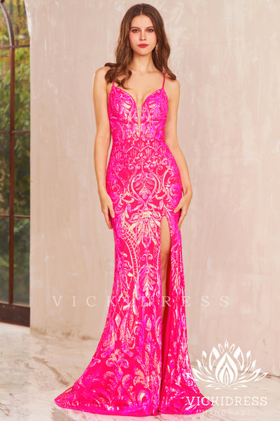 Fuchsia Sequins Lace Mermaid Long Prom Dress with Slit VK23121904