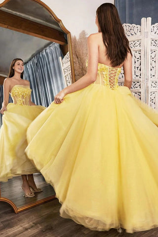 A Line Strapless Yellow Long Prom Dress with Criss Cross Back VK23101009