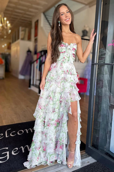 Cute Sweetheart Floral Chiffon Tiered Prom Dress with Slit VK16020301