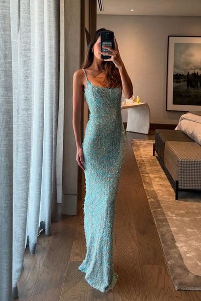Stunning Mermaid Scoop Neck Blue Sequins Evening Dress with Feather VK26031103