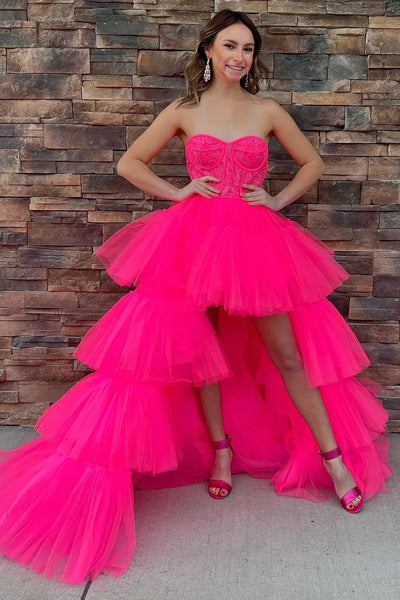 Hot Pink Lace Corset Tiered High-Low Prom Gown VK23101110