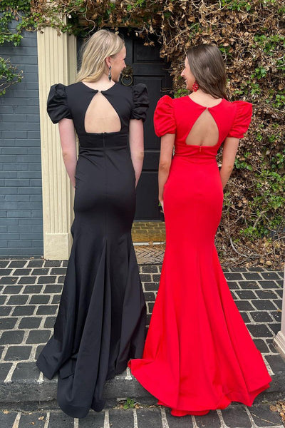 Red V Neck Mermaid Long Prom Dresses with Slit VK24010501