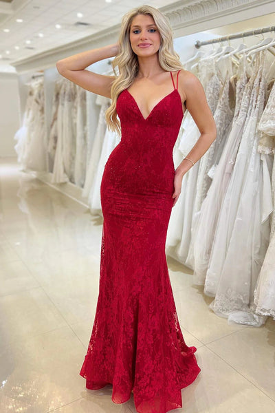 Red Lace V Neck Mermaid Prom Dress VK23110310