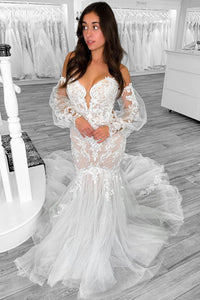 Mermaid Sweetheart Tulle Lace Wedding Dresses with Sleeves VK23091305