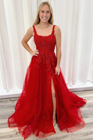 Red Appliques Square Neck Lace-Up A-Line Long Prom Dress VK23122407