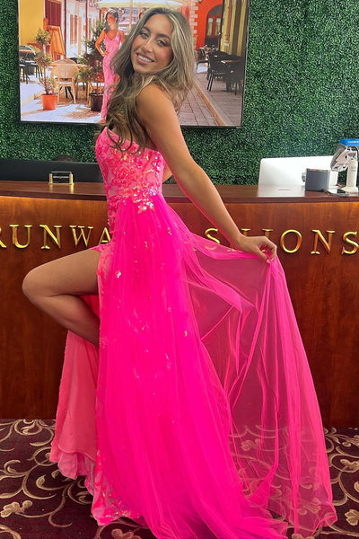 Fuchsia Strapless Sequins Lace Mermaid Prom Dresses with Slit VK24032605