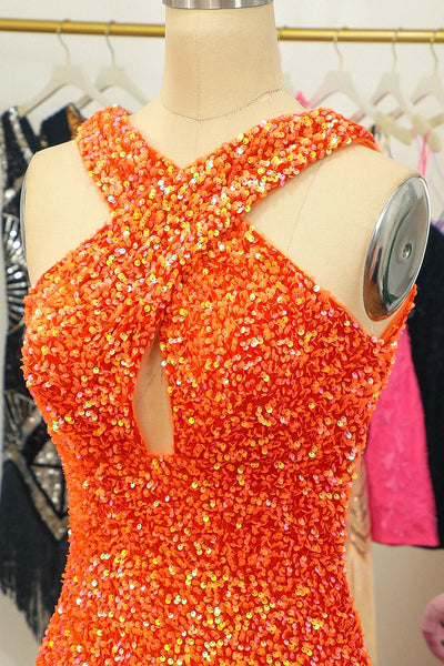 Sparkly Orange Cross V-Neck Sequins Tight Homecoming Dress VK23062110