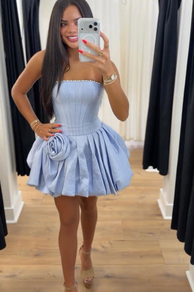 A Line Strapless Light Blue Satin Homecoming Dress with Bow VK26061404