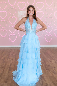 A-Line Halter Light Blue Ruffle Tiered Chiffon Long Prom Dresses with Appliques VK022307