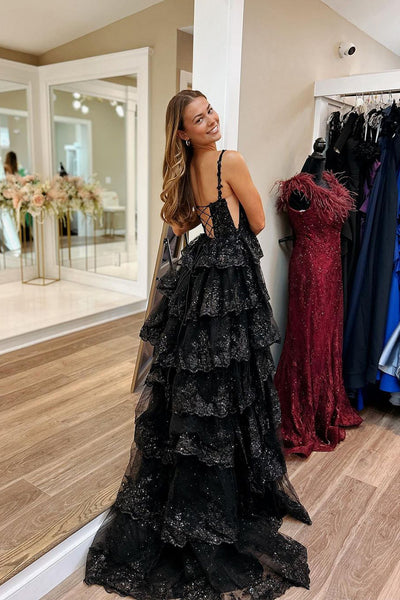 Black Sweetheart Tiered Sequin Lace Long Prom Dresses VK24010701