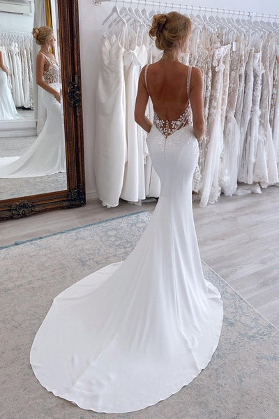 Mermaid V Neck White Satin Wedding Dresses with Lace Appliques VK23081313