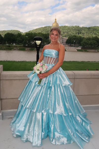 Gorgeous Ball Gown Strapless Aqua Tiered Organza Prom Gown with Bow VK25052405