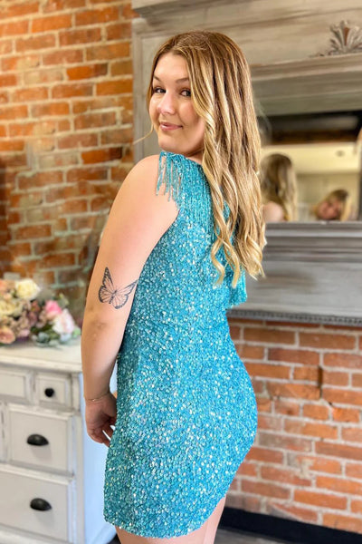 Sparkly Blue Fringed One Shoulder Tight Sequins Short Homecoming Dress VK23081705