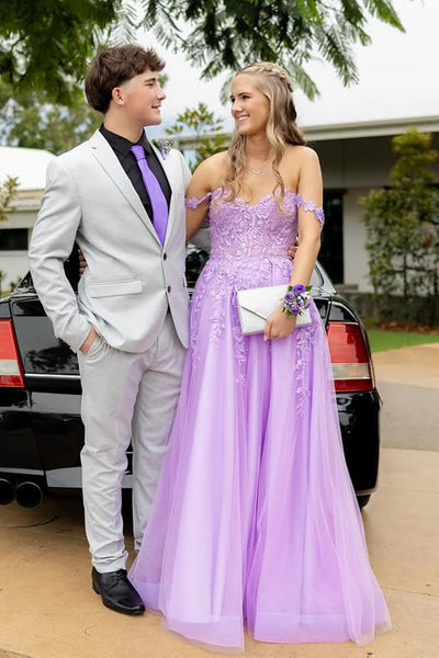 Cute A Line Sweetheart Lavender Tulle Prom Dress with Appliques VK25052501