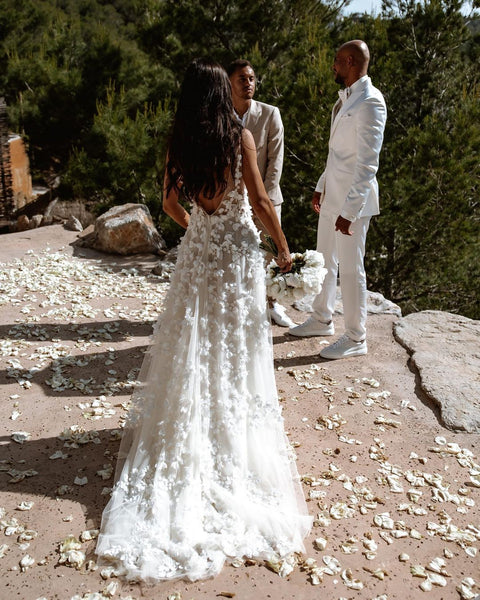 Bohemian A Line V Neck Tulle Wedding Dresses with 3D Appliques VK23051702