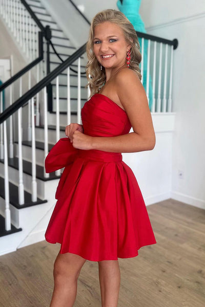 Cute A-Line Strapless Red Satin Short Homecoming Dresses with Bow VK23090703