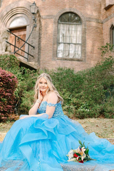 Blue Off the Shoulder Ruffle Tiered Tulle Long Prom Dresses with Appliques VK24032403