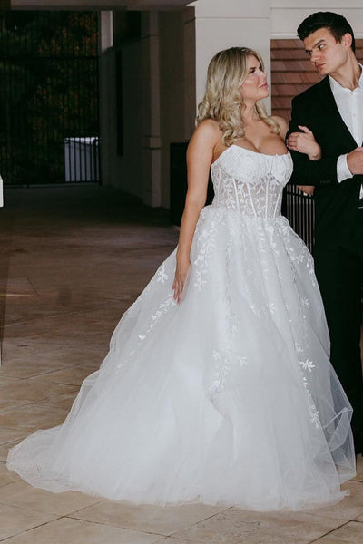 Elegant A-Line Strapless Aqua Blue Tulle Appliques Long Prom Dress VK23122109