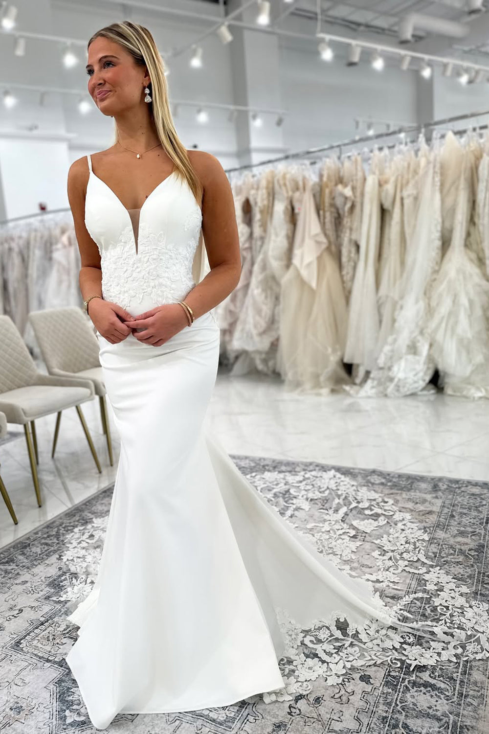 Charming Mermaid V Neck Satin Long Wedding Dress with Appliques VK25060205