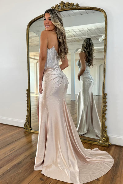 Gorgeous Mermaid Strapless Royal Blue Corset Beaded Prom Dresses with Slit VK26020508