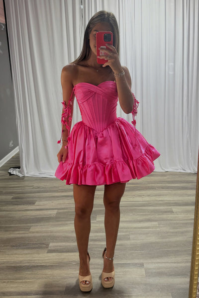 Cute A Line V Sweetheart Hot Pink Satin Homecoming Dress VK26070508