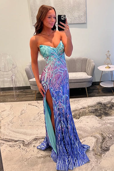 Fashion Mermaid V Neck Sequins Long Prom Dress with Slit VK25100105